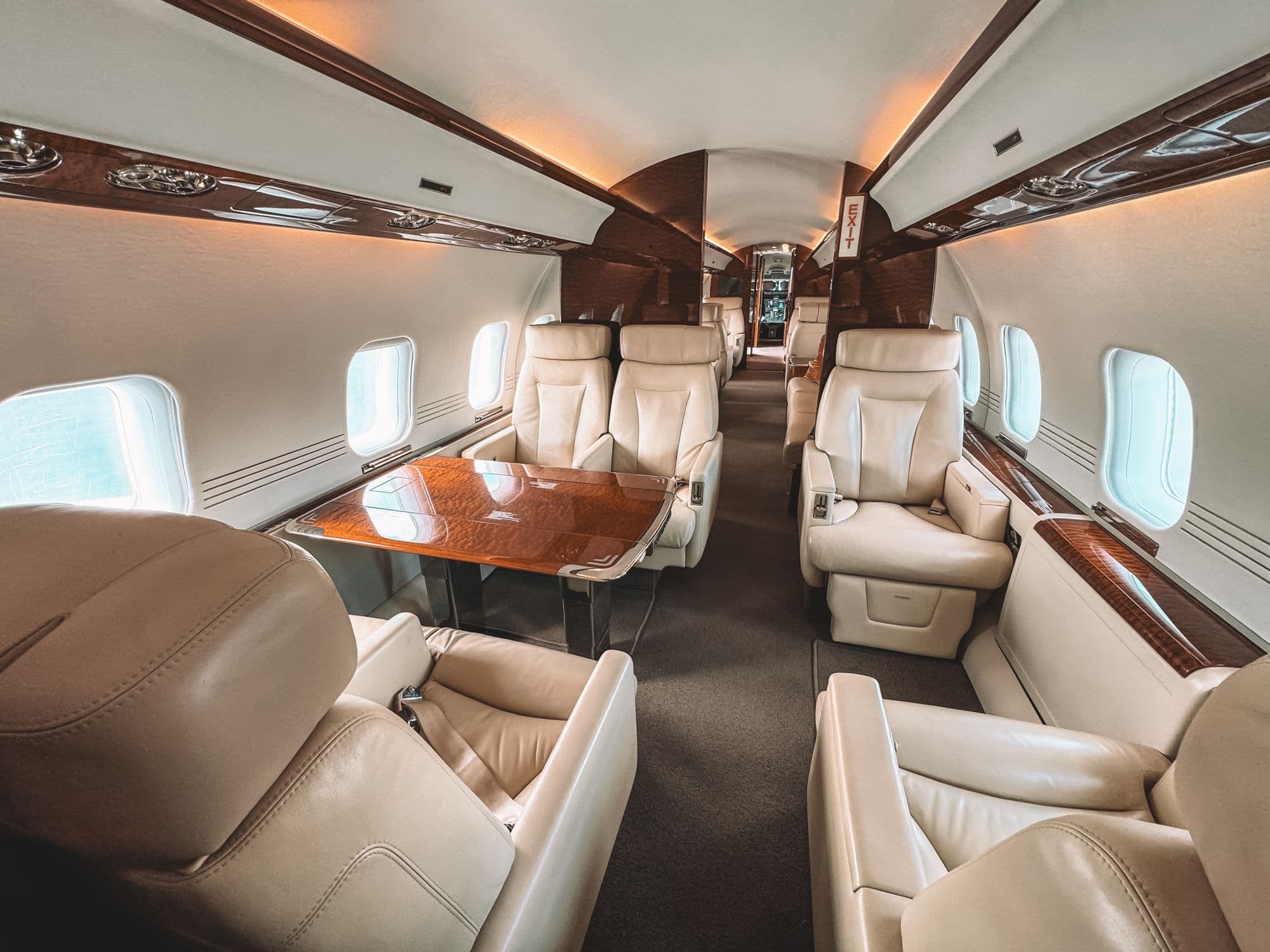 Aircraft cabin with conference table and leather seats