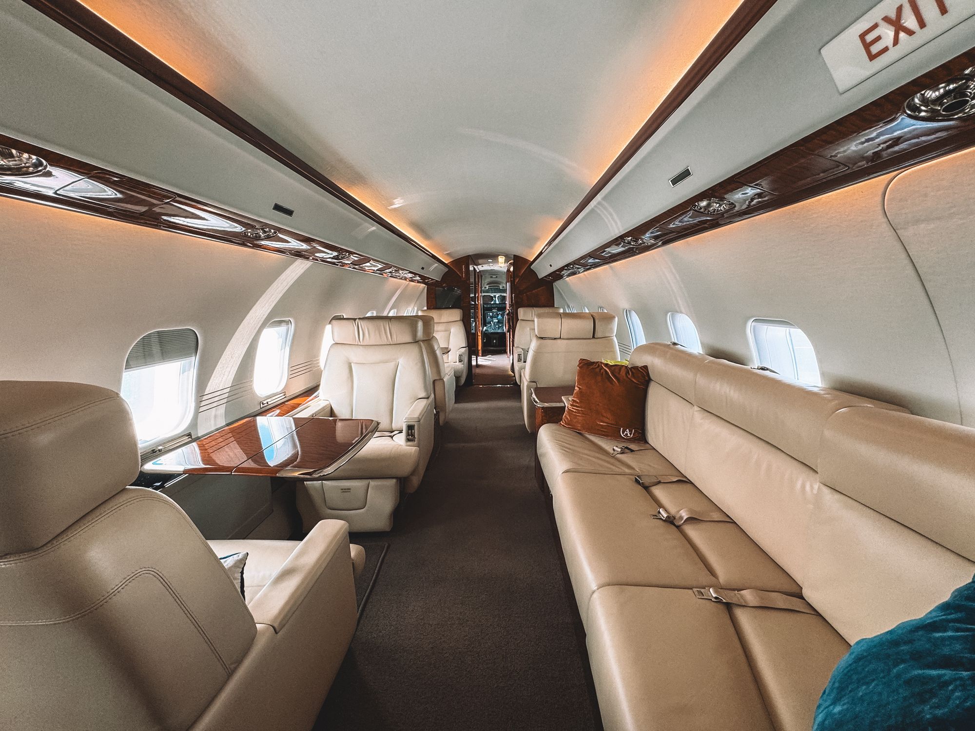 Beige leather divan in a VIP aircraft cabin